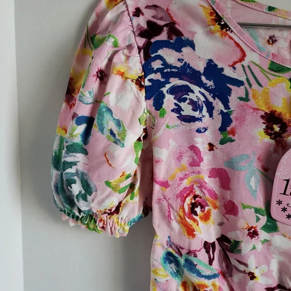 NEW Floral girls top cinched waist(elasticized), puffy short sleeve sz 14 - Picture 4 of 5